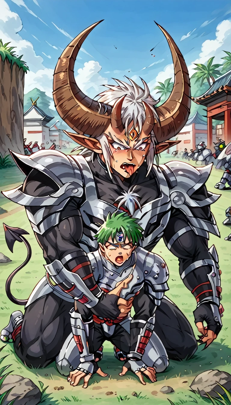Toei animation style,(((Huge muscles))),Face the enemy,High definitionな顔,Hünkel,Handsome,good looking,((Huge penis,Anal Sex 1.7)),Crying face,Silver Hair,ejaculation,8k,High definition,Masterpiece,Detailed Description,Spike Hair,tall,Under eye paint,countless black tentacles,Sticking out tongue,Lean back,Spider Suit,ぺニスを揺らしながら,rape,Devilish wings,Cat ear,Partially torn armor,(((Black slime jumps into my solar plexus 1,8))),Open your mouth wide,Unfocused eyes,A black tattoo under the eye,Muscular penis,rape,(((Get a glow with whole body oil))),Blood vessel,I was attacked by a black aura like an insubstantial mist.,A warm sigh,Orgy,Moist in the body,(((Possessed by demons))),A Crowd of Demon Boys,Harness,Imminent sexual activity,Lush green grassland,(((Black bones burst out of the chest.,Demon Samurai Armor,Big horns,Crawling around in agony))),