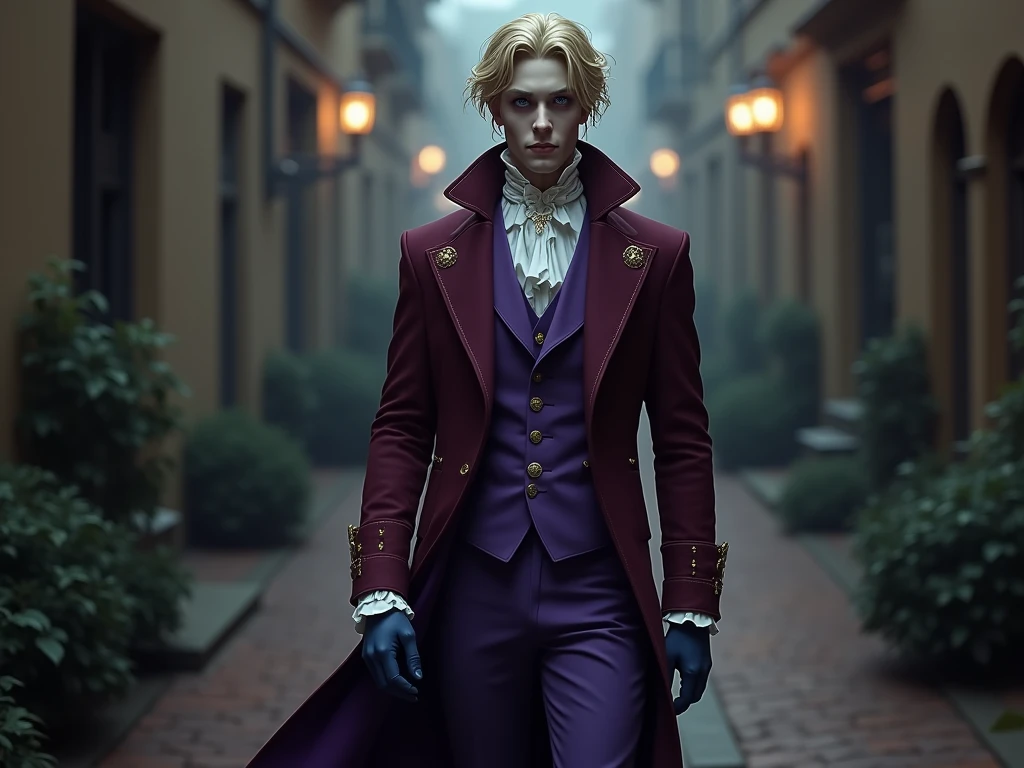 Pale and tall man, Appears to be 30-3. It's been a long time (to the waist) With light blond hair with a golden tint, Thin gray-blue eyes with dark purple eyeshadow and noticeably high cheekbones. His clothes are in Victorian style, old, Long dark burgundy jacket with lavender lining and gold pins on the folded cuffs. Under his jacket he has a purple vest over a white ruffled shirt, Wearing classic purple trousers, In dark blue knee-high boots and gloves of the same color.
