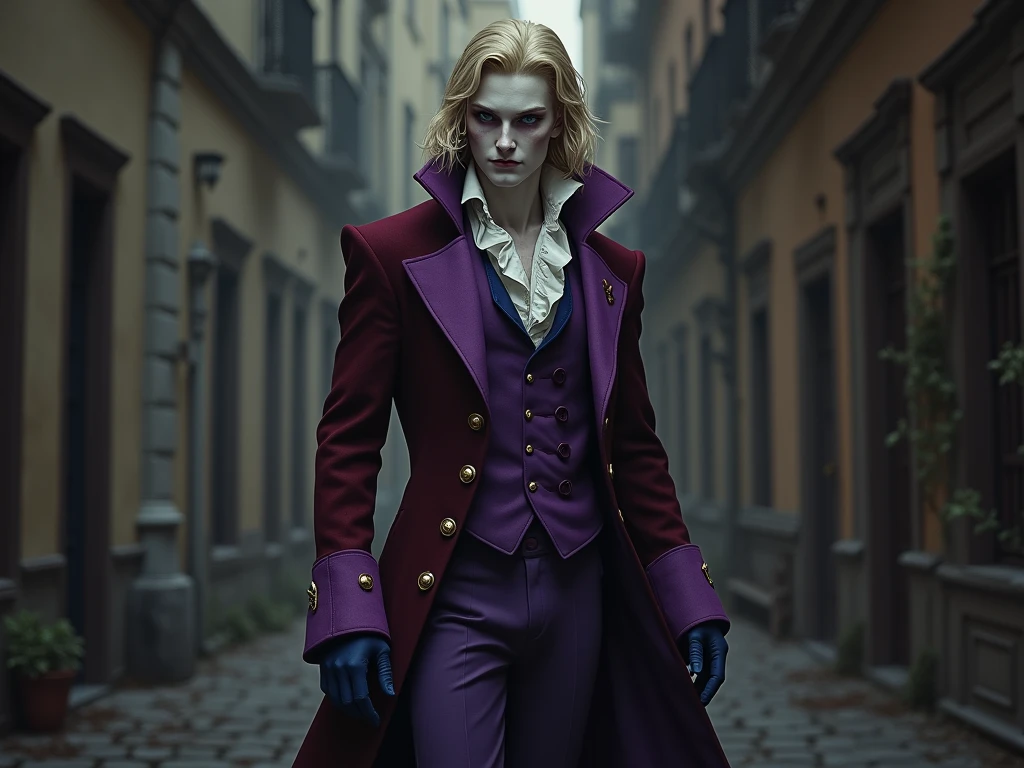 Pale and tall man, Appears to be 30-3. It's been a long time (to the waist) With light blond hair with a golden tint, Thin gray-blue eyes with dark purple eyeshadow and noticeably high cheekbones. His clothes are in Victorian style, old, Long dark burgundy jacket with lavender lining and gold pins on the folded cuffs. Under his jacket he has a purple vest over a white ruffled shirt, Wearing classic purple trousers, In dark blue knee-high boots and gloves of the same color.