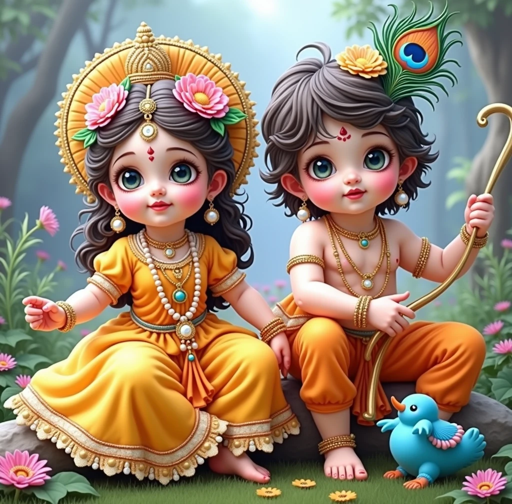 Generate images of cute Radha and Krishna as a child , feather of peacock tucked to the head, good quality sharp image