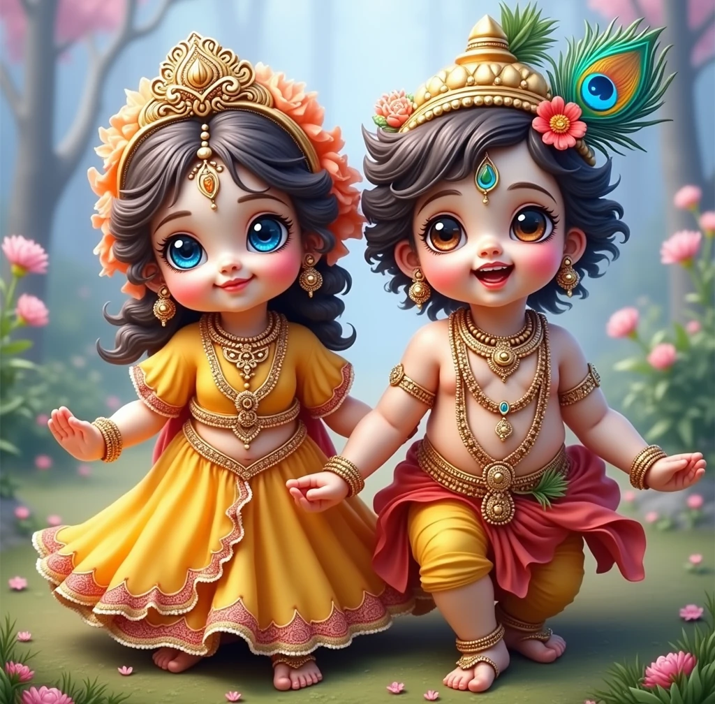 Generate images of cute Radha and Krishna as a child , feather of peacock tucked to the head, good quality sharp image