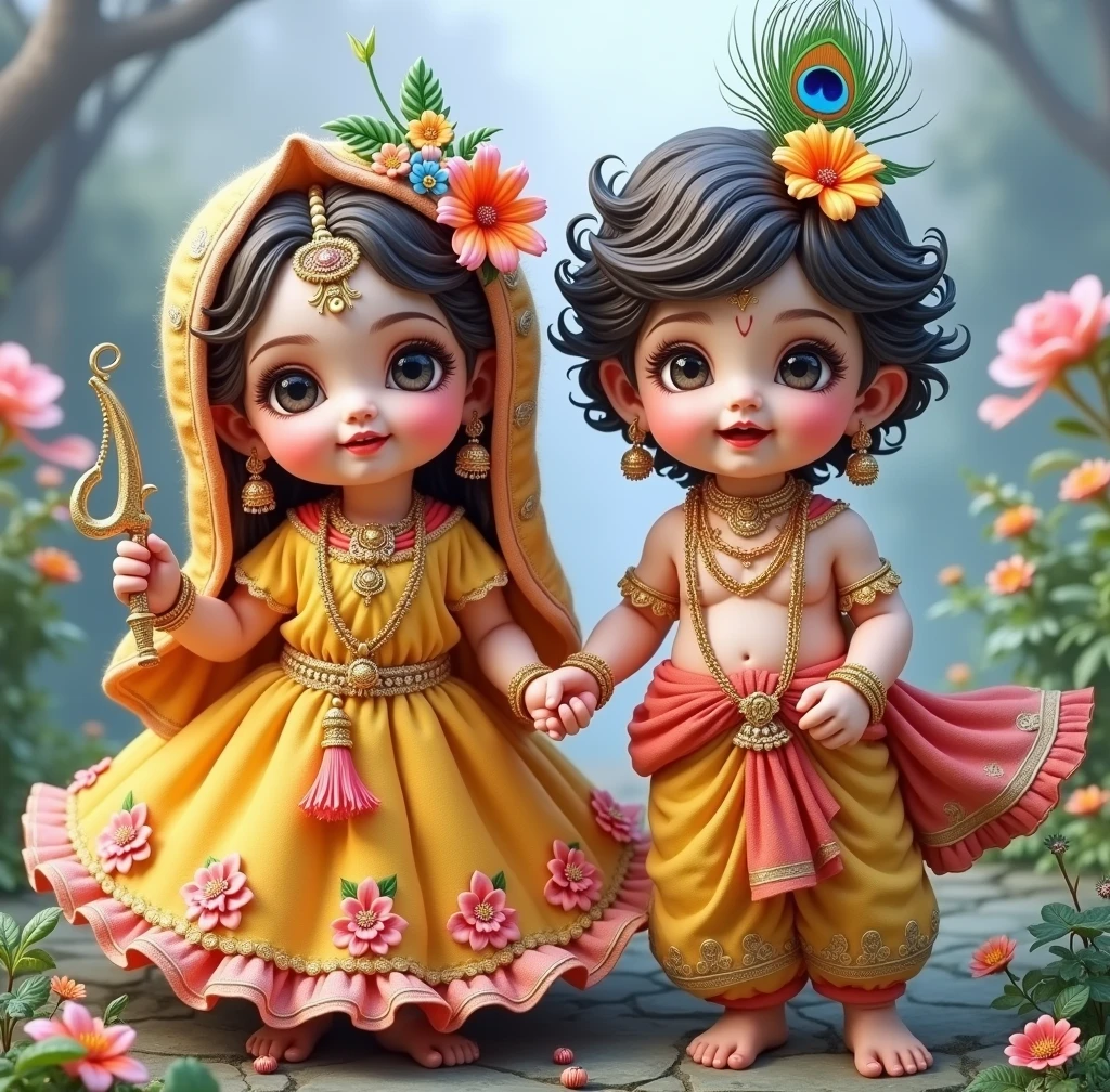 Generate images of cute Radha and Krishna as a child , feather of peacock tucked to the head, good quality sharp image