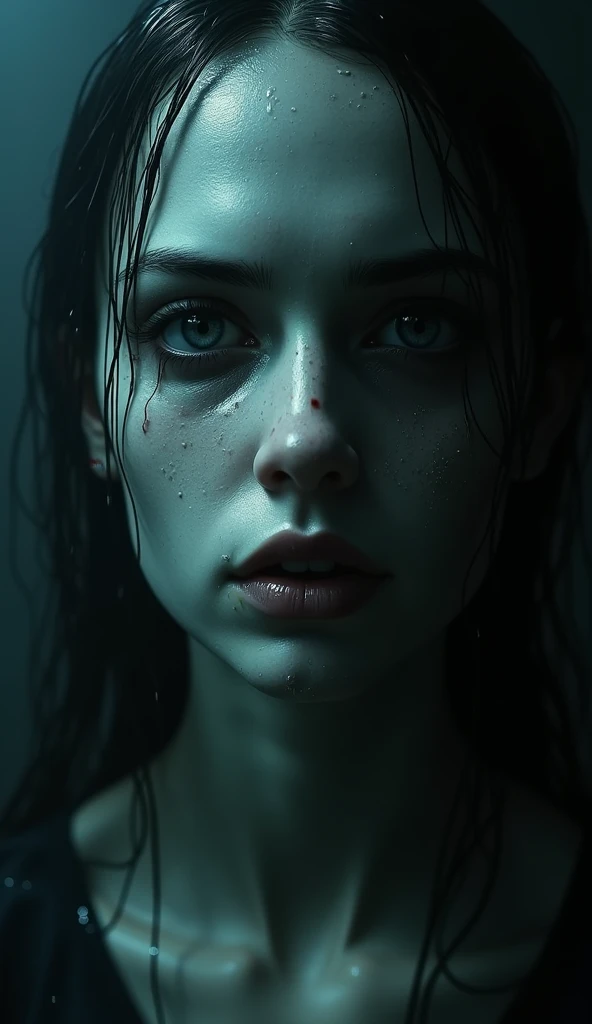 Samara morgan face, pale and dripping with water