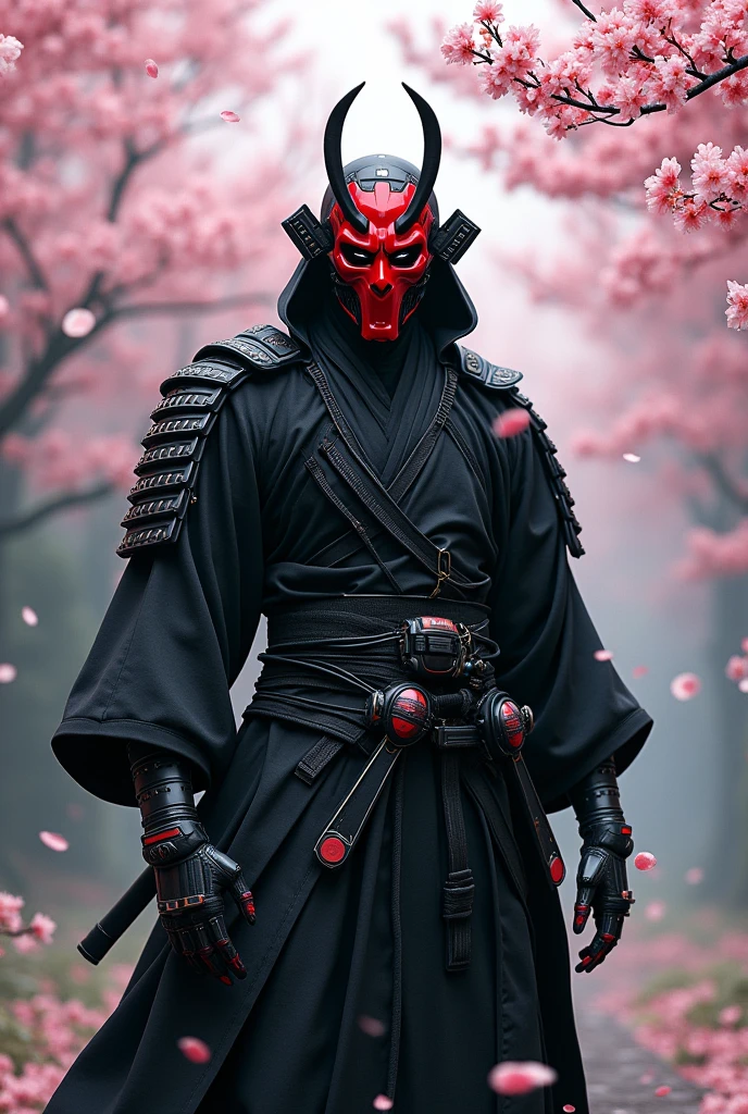 samurai with black clothes and red oni mask, cyber punk cyborg looking forward with cherry blossoms falling in the background