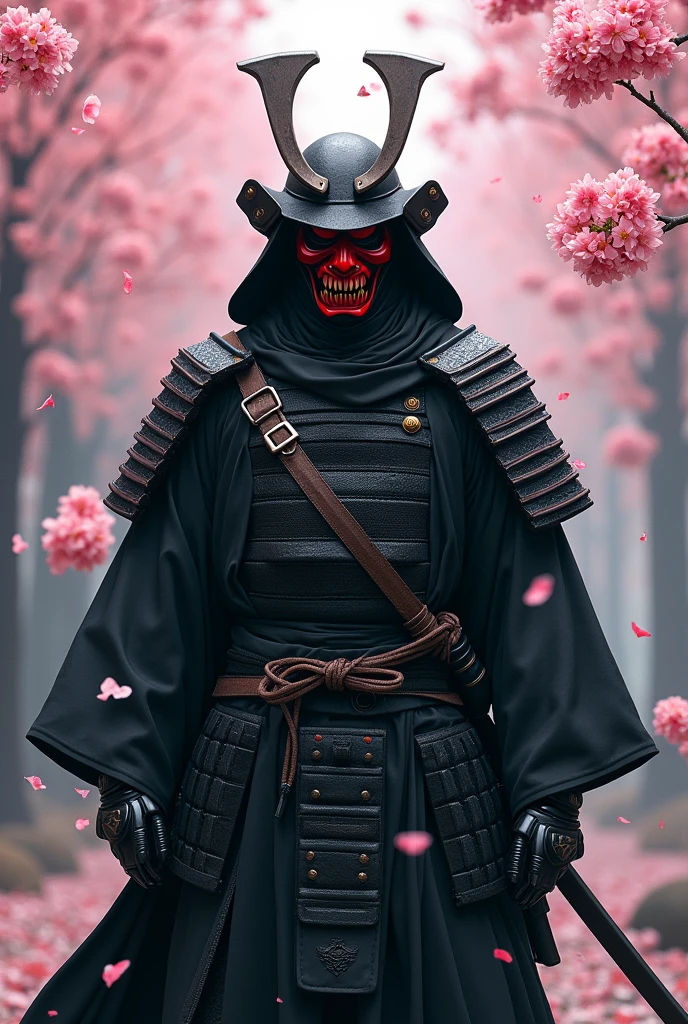 samurai with black clothes and red oni mask, cyber punk cyborg looking forward with cherry blossoms falling in the background
