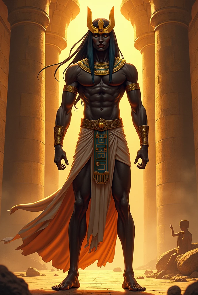 Full body anime style egyptian god with a black god with a lean body 