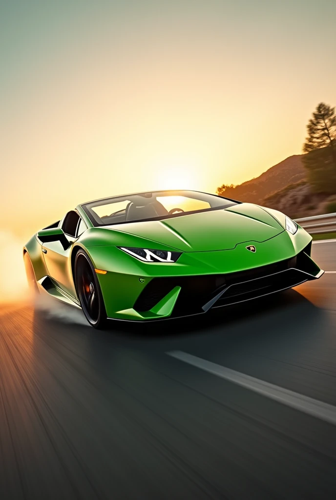 An incredible, high-speed cinematic photo of a green Lamborghini huracan evo spyder passing by at top speed. The low angle shot captures the sleek lines and powerful presence of the supercar. As the sun sets in the background, it casts a warm, golden glow across the car, accentuating its jaw-dropping design. The sense of speed is palpable, with the car's tires leaving a trail of smoke on the road., cinematic, photo