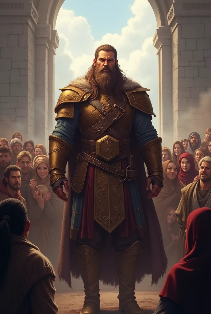 Jarl, In the end, The people, seeing the return of his true Jarl, He received him with joy and respect.But make him less old and stronger with brown hair and muscle