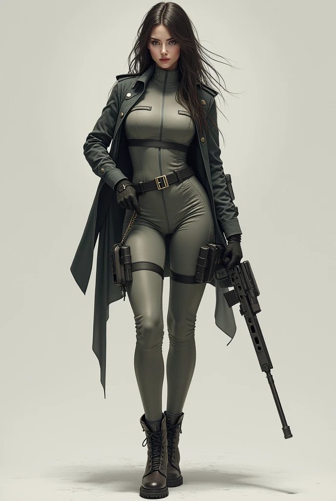 A beautiful woman with a sexy body shaped like the number 8. Wearing a gray army uniform. The name "SATLINMAS" on the right chest. Full uniform. Wearing safety shoes. Carrying a long-barreled weapon.