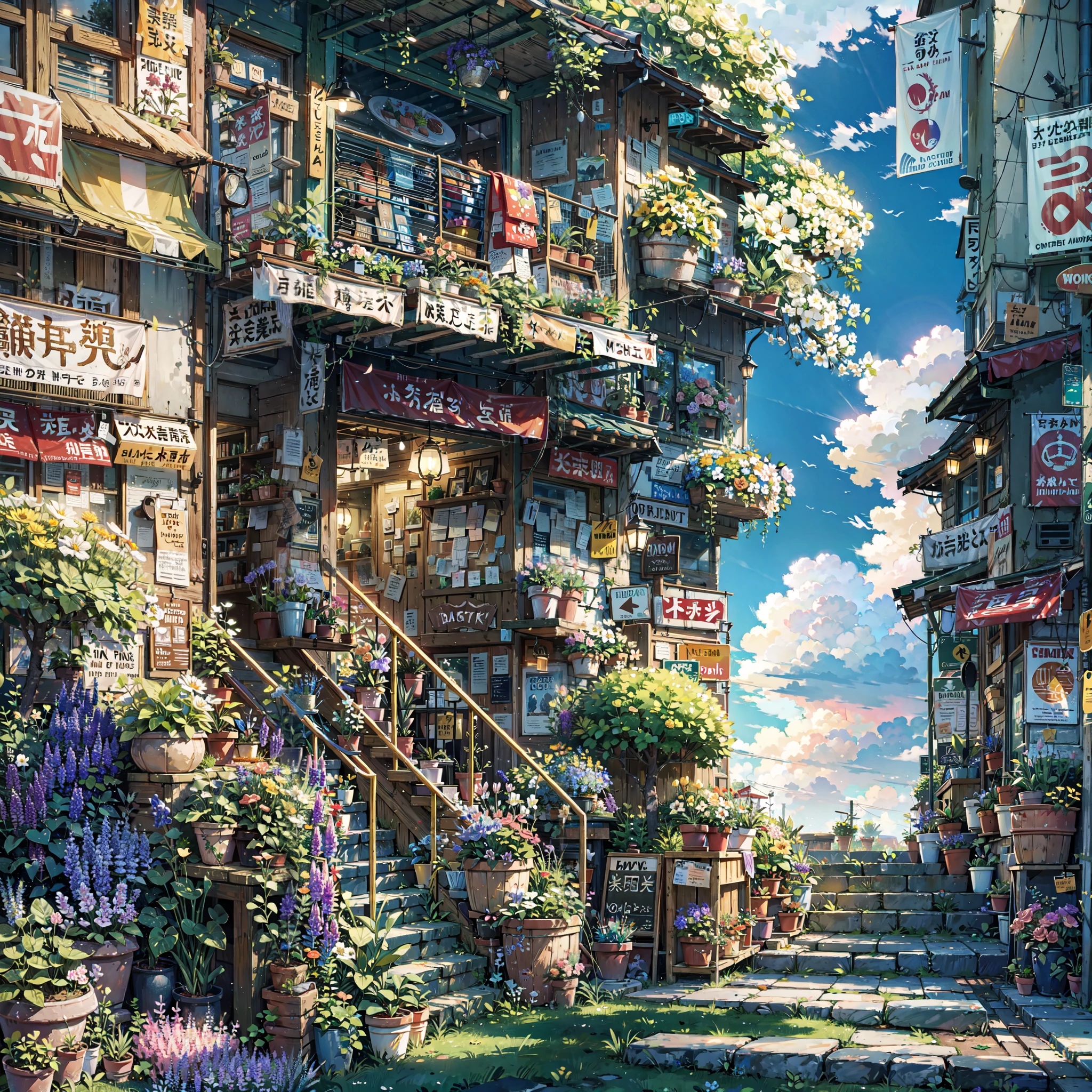 trees, vibrant flowers
