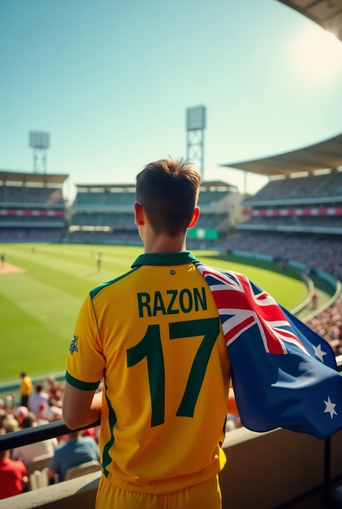 A 20 years old boy wearing Australia cricket jersey with name RAZON and watching live cricket in beautiful Stadium, weaving Australia flag in shoulder. Realistic photo,Show from backside 