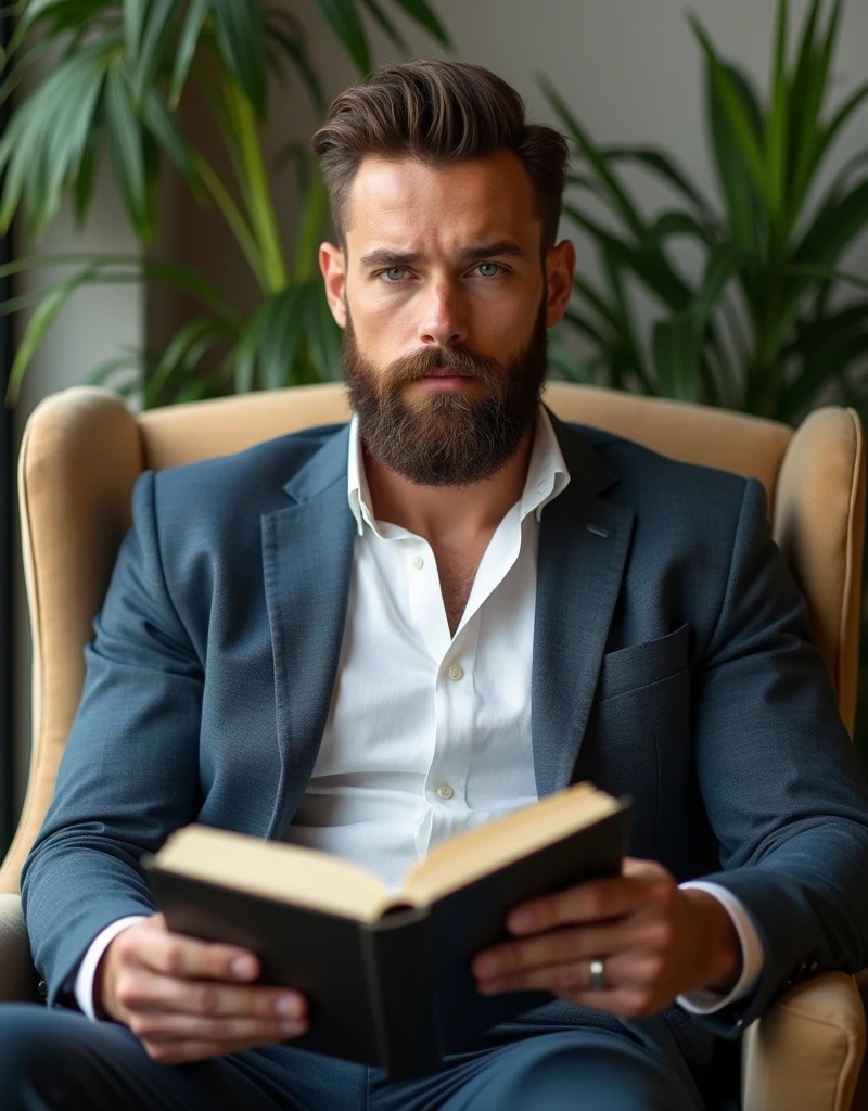 generate a men 30 years old size 1.85 metter  brown hair little sporty green eyes nice beard elegant dress look natural  seating on a chair read a book 