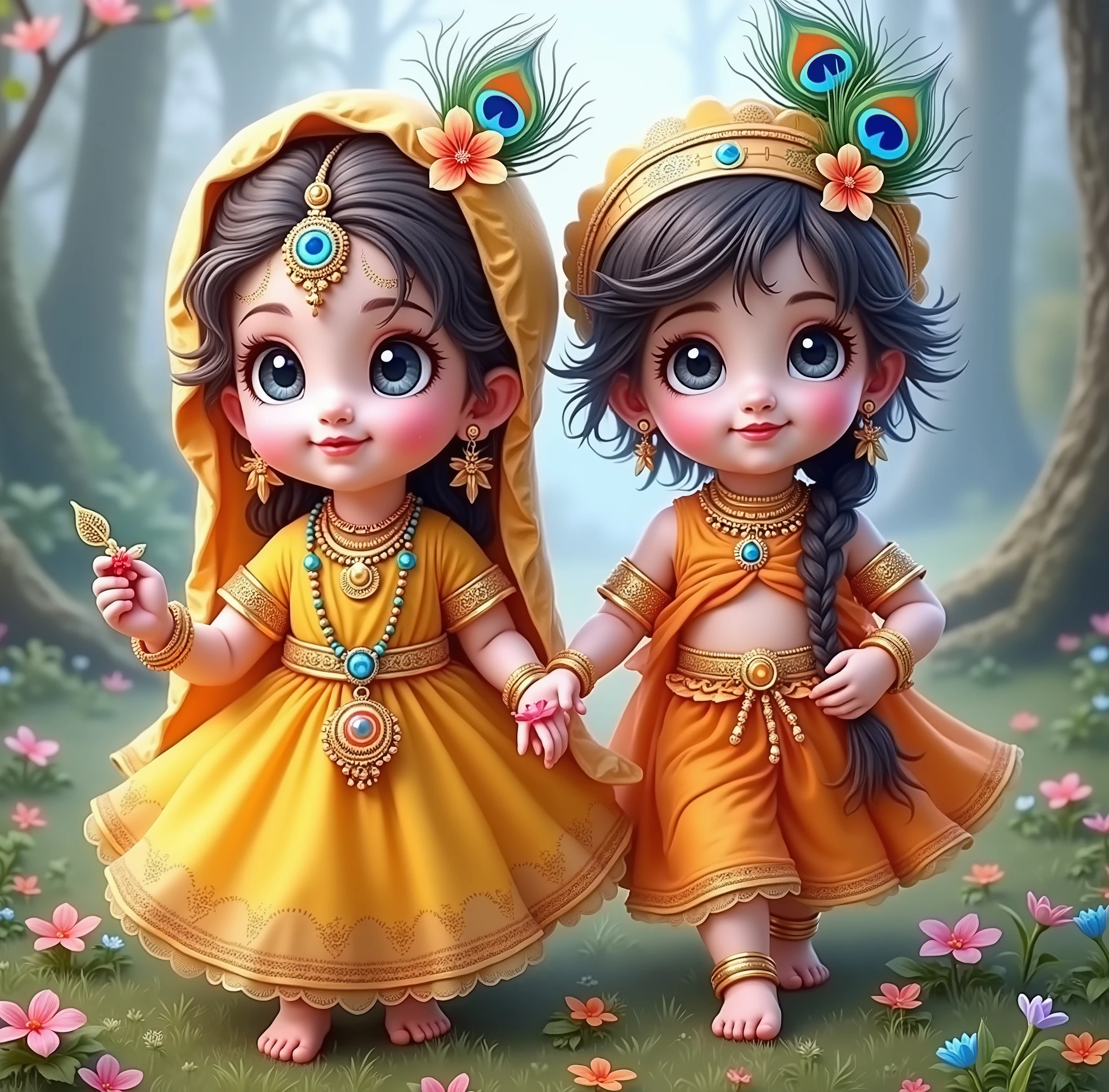 Generate images of cute Radha and Krishna as a child , feather of peacock tucked to the head, good quality sharp image