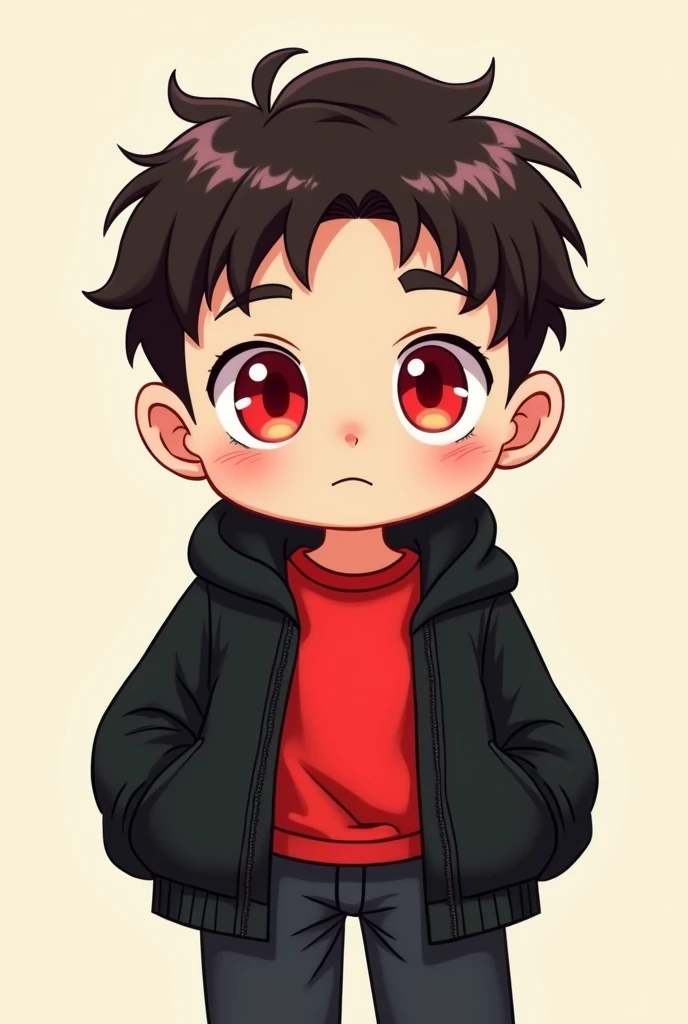 1. One man 2. Chibi figure 3. Red inner shirt 4. Black sweater 5. red eyes 