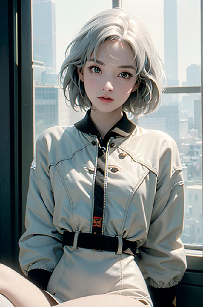 A young girl in realistic portrait of high quality and detail, movie style, Anby Demara (Zenless Zone Zero), She has short silver hair and light brown eyes. She wears a white see-through dress and long black knee socks, pale skin, european girl, medium breast, happy look, glow, eye shadow, 1girl, Depth & Perspective, smiling face, fine face, She's standing in the bedroom, indoors, day time, looking at viewer, (ultra-high detail:1.2), Masterpiece, Best Quality, Ultra-detailed, Cinematic lighting, 8K, delicate features, cinematic, 35 mm lens, f/1.9, highlight lighting, global lighting –uplight –v 4, cinematic, Cinematic lighting, 8K, high quality, Highest Quality, (Solo Focus), (extremly intricate:1.3), (Realistic), masterful, Analog style, (Film grain:1.5), (cold tone),