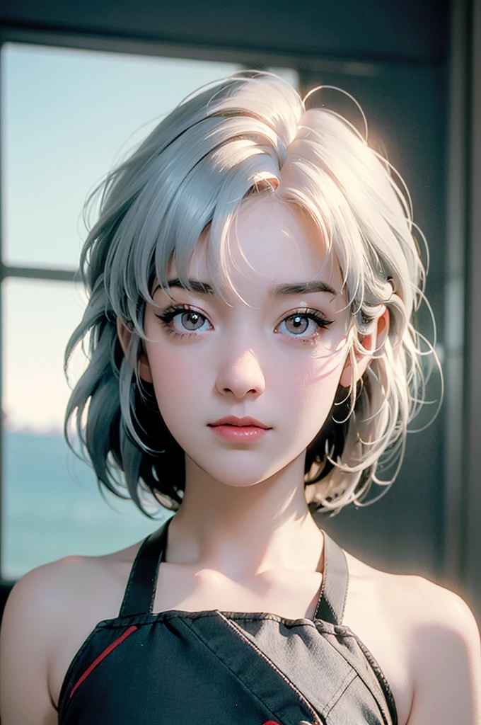 A young girl in realistic portrait of high quality and detail, movie style, Anby Demara (Zenless Zone Zero), She has short silver hair and light brown eyes. She wears a white see-through dress and long black knee socks, pale skin, european girl, medium breast, happy look, glow, eye shadow, 1girl, Depth & Perspective, smiling face, fine face, She's standing in the bedroom, indoors, day time, looking at viewer, (ultra-high detail:1.2), Masterpiece, Best Quality, Ultra-detailed, Cinematic lighting, 8K, delicate features, cinematic, 35 mm lens, f/1.9, highlight lighting, global lighting –uplight –v 4, cinematic, Cinematic lighting, 8K, high quality, Highest Quality, (Solo Focus), (extremly intricate:1.3), (Realistic), masterful, Analog style, (Film grain:1.5), (cold tone),