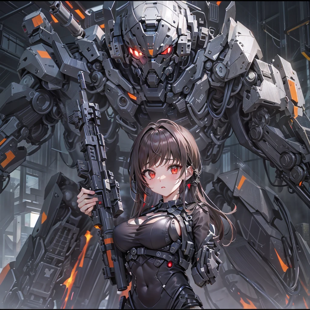 high resolution、Detailed drawing、Beautiful background、NOD、Lapi、cute、sexy、Black Beret、(Brown Hair、semi-long、Straight Hair)、Black leotard、Cleavage、One Girl、(hk416、rifle、Gun of the Future)、Strengthen the outer frame、Medium sized breasts、Revealing clothing、Holding a gun、Fighting Pose、Android、Mechanical Body、(Futuristic sci-fi background、A giant combat robot in the background)、Cool Beauty、Red glowing eyes、Sideboob、Kneel on the ground、High leg