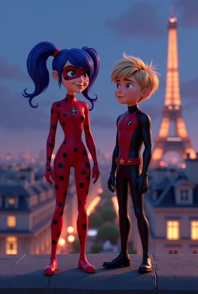 Ladybug (Marinette),teenage girl,blue_hair_color, pigtails_hairstyle,blue_eyes,wearing her red and black-spotted superhero suit,in paris city,The rooftops around her should be typical Parisian buildings,night sky,full body, she with Depict Cat Noir (Adrien),teenage boy,blond_hairstyle,he lookin at her 3d_animation,disney_inspiration,high quality,