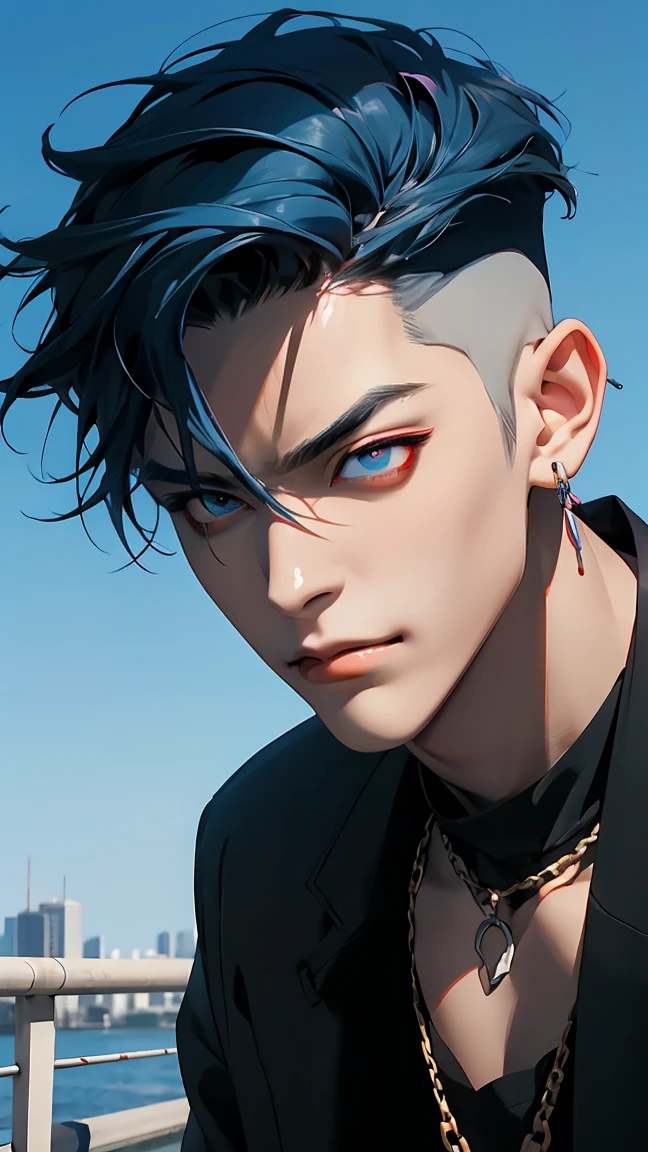 highest quality, 8K, high resolution image, anime style Jujutsu Kaisen, dark skin, (Cú Chulainn (Alter) | Fate | FGO ) detailed strokes, crazy look, piercing gaze, out of focus, purple light is reflected from it, (close angle), 1 man, young, male, model, hand in pocket, cool guy, multicolored background with various geometric shapes, all around stickers, muscular, BLUE HAIR, Blue hair, red eyes, multicolored hair, blue hair, highlighted hair, Hairstyle: undercut, puffy chest, he is wearing a darkblue suit, withe Shirt and gold link chain, Hand in the Pocket, background: he ist standing, big city, streets, park, people, blue sky, cars, bicycle