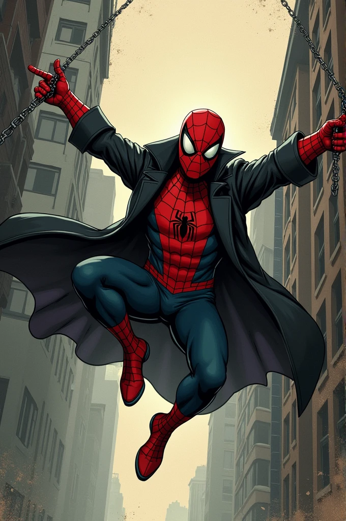 Spiderman swinging with his red mask, with a black coat and hat, vintage detective style, sketchbook draw style