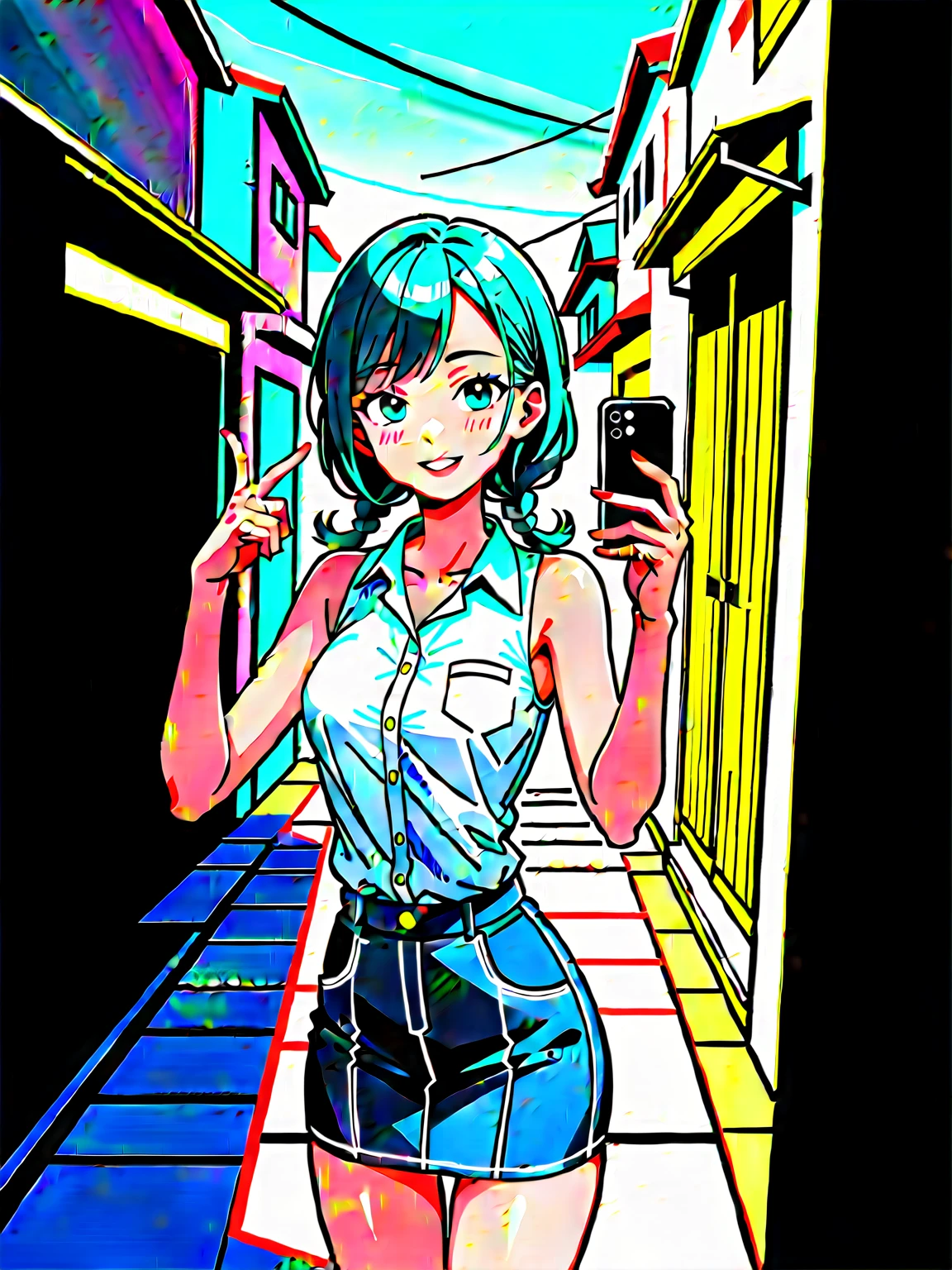 realistic anime illustration of pretty young damsel at Phuket old town, she is selfieing by her smartphone and making v-sign hands, smiling, she has a brown double braids (forehead), wearing beige sleeveless collared blouse, blue-gray denim pencil mini skirt, (1girl, solo, full body), (masterpiece, best quality, Japanese anime style), (expressive eyes, perfect face, perfect anatomy)