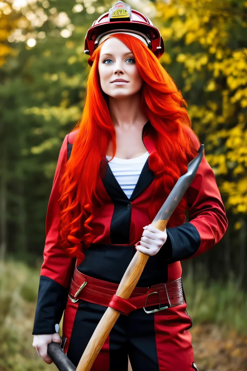 Red haired firefighter, using an axe