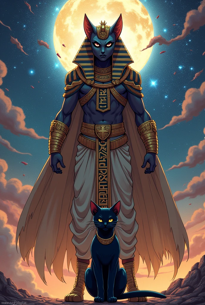 Full body anime style egyptian god with a black cat, a god woth sadistic pose