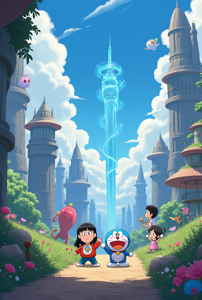doraemon, nobita, sizuka, suneo, & giant with background amazing. landscape 9:16