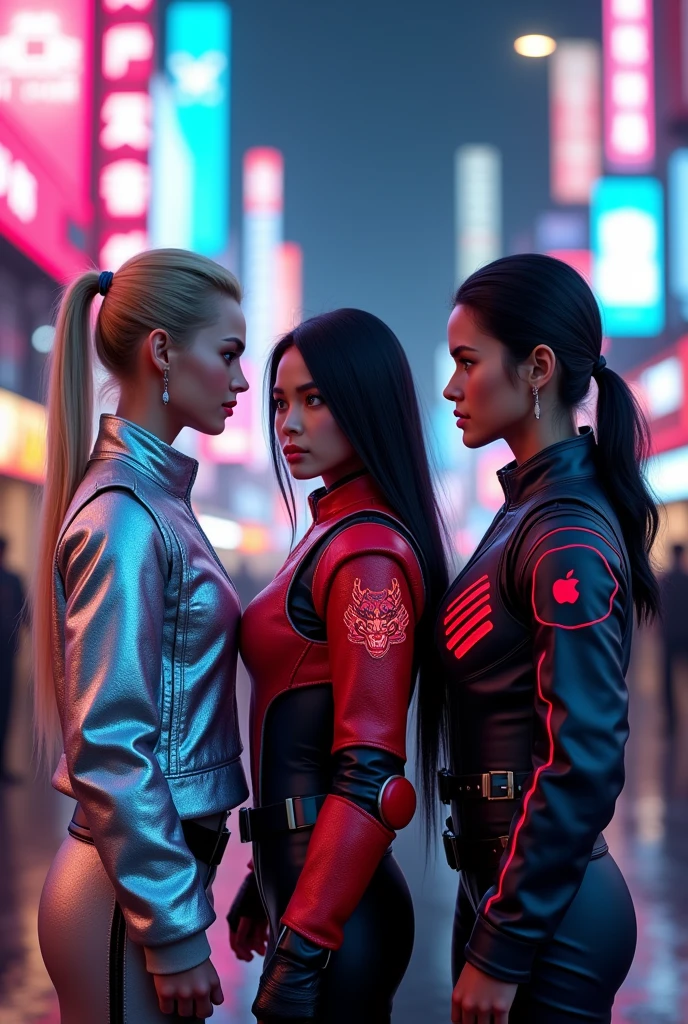 A photorealistic 4K image of Cinderella, Mulan, and Snow White reimagined as cyberpunk heroes, standing together in a neon-lit city. The scene is cinematic, with bright, pop kawaii colors highlighting their futuristic outfits while keeping their iconic looks recognizable.

Cinderella, with her blonde hair in a sleek ponytail, wears a shimmering silver jacket with neon blue accents. Mulan, with her long black hair tied back, dons a red and black armored suit with glowing red dragon motifs. Snow White, with her dark bob, sports a dark blue jacket with glowing red details and a subtle apple insignia.

The backdrop is a vibrant, neon-filled city with holographic signs. The lighting casts colorful, pop reflections, blending their classic features with a dynamic, kawaii-inspired cyberpunk world.

[Lighting: Bright neon with pop reflections] [Camera: Wide-angle full-length shot] [Resolution: 4k, hyper-realistic] [Style: Cyberpunk fashion, pop kawaii colors, cinematic fantasy] [Inspiration: Cyberpunk 2077, Pop Art, Kawaii].
