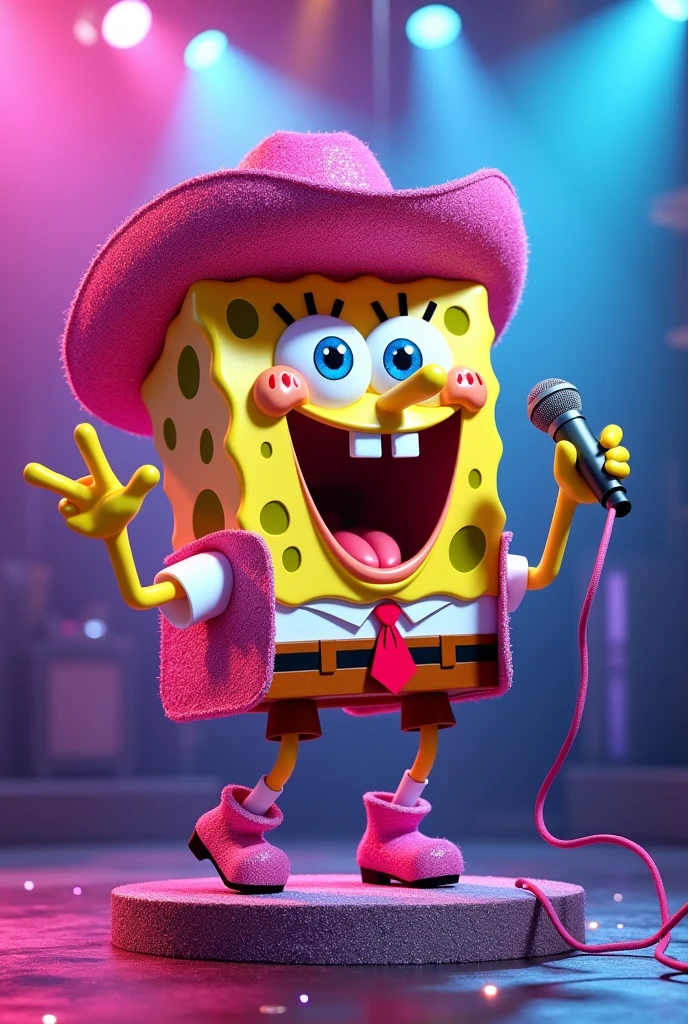 Imagine SpongeBob SquarePants singing energetically on a dazzling stage, dressed in a sparkly pink cowgirl outfit and pink glitter cowgirl hat. He is shouting excitedly into a microphone on a pedestal, as the glitter sparkles under vibrant colored lights. The background should be a spectacle of lights and visual effects, Reflecting the energy of a POP concert. Capture the joy and dynamics of the scene, with sharp details on SpongeBob's suit and a strong contrast between the bright pink and the multicoloured environment. Make sure the visual aesthetic is fun and engaging, evoking the excitement of a musical performance