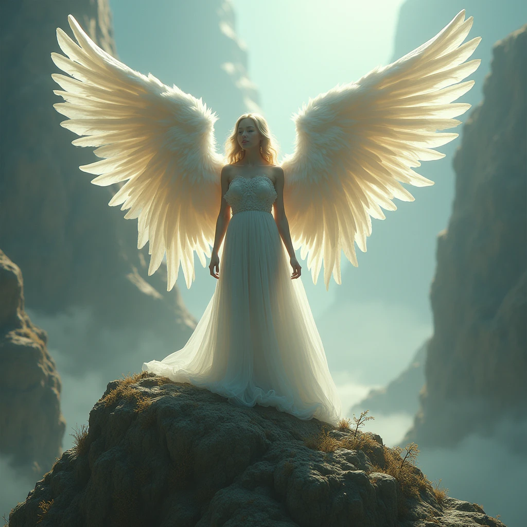 giant women , gigantic women , angel girl , 500 meter tall women , (naked , naked) , seen from a distance , behind the mountain , hill , mountain ,cloudy covered half body , fog covered her half body , looking at me, an normal human watching from far away, sunlight appears slightly from above the clouds