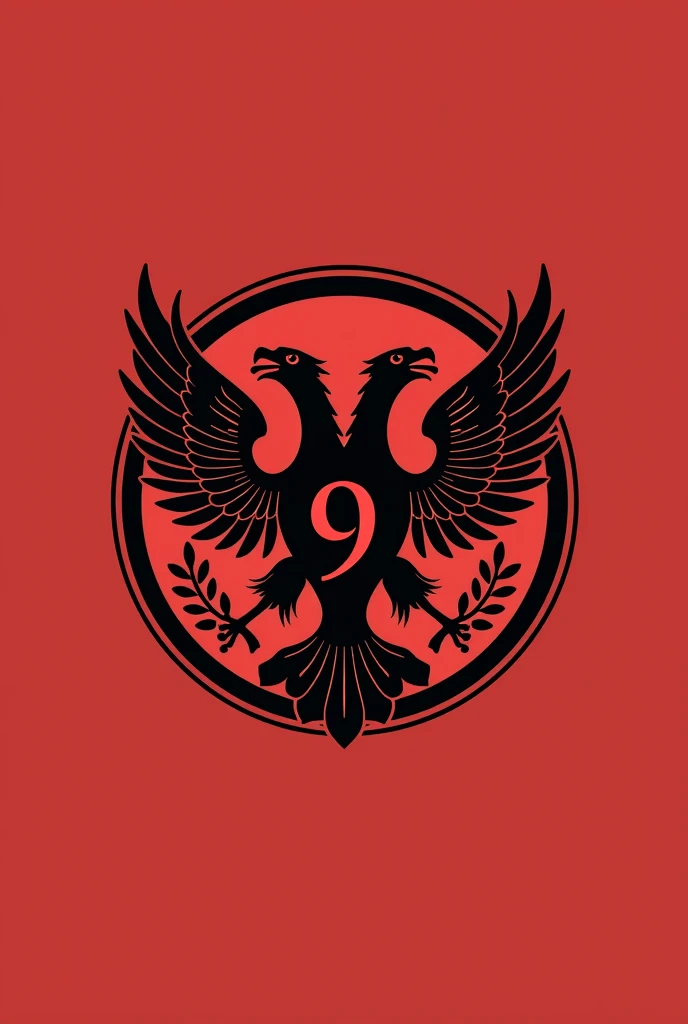 Circular design, a double-headed eagle, and a number 9, name Banca Novena, red and black colors, and minimalist design