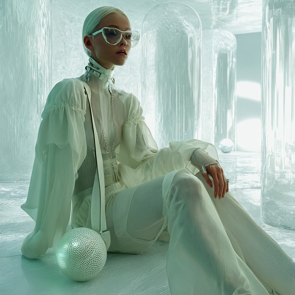 UHD Unltra Precise 8K digital copy of a blond woman in white dress sitting on floor with white ball, futuristic and ethereal, white cyborg fashion shot, fashionable futuristic woman, wearing futuristic, wearing futuristic white suit, futuristic fashion, fashion editorial photography, editorial fashion photography, wearing futuristic clothing, retro futuristic fashion, futuristic clothes, futuristic clothing, futuristic clothing and helmet, futuristic aesthetic, inspired by Philipp Veit, futuristic fashion clothing