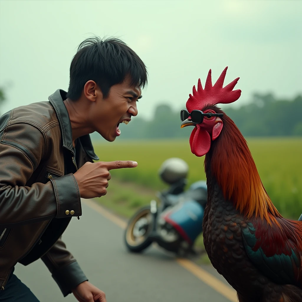 Real photo of young Indonesian man. wearing a torn leather jacket. holding a helmet standing with a very angry expression pointing at a rooster laughing wearing sunglasses on an asphalt road on the edge of a rice field behind a sports motorbike that has fallen as if it had just had an accident on the side of the road. tampak sep Ultra-realistic 8K photograph, shot with a Leica Q2, strong color contrast and sharp clarity --ar 9:16 --quality 2 --