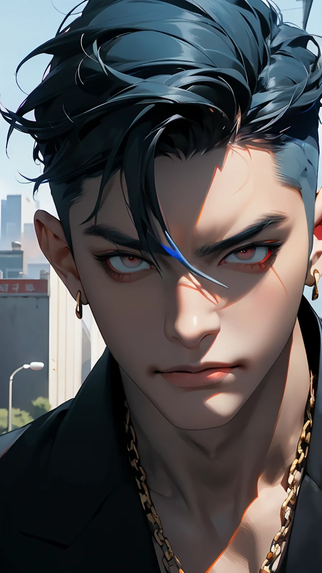 highest quality, 8K, high resolution image, anime style Jujutsu Kaisen, dark skin, (Cú Chulainn (Alter) | Fate | FGO ) detailed strokes, crazy look, piercing gaze, out of focus, purple light is reflected from it, (close angle), 1 man, young, male, model, hand in pocket, cool guy, multicolored background with various geometric shapes, all around stickers, muscular, BLUE HAIR, Blue hair, red eyes, multicolored hair, blue hair, highlighted hair, Hairstyle: undercut, puffy chest, he is wearing a darkblue suit, withe Shirt and gold link chain, Hand in the Pocket, background: he ist standing, big city, streets, park, people, blue sky, cars, bicycle