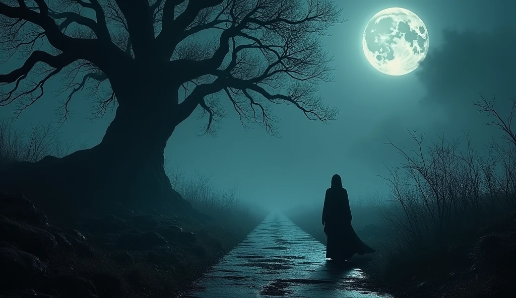 A sinister and ominous moonlit path leading to a huge tree, with the silhouette of a woman barely visible in the shadows, atmosphere of fear and terror.