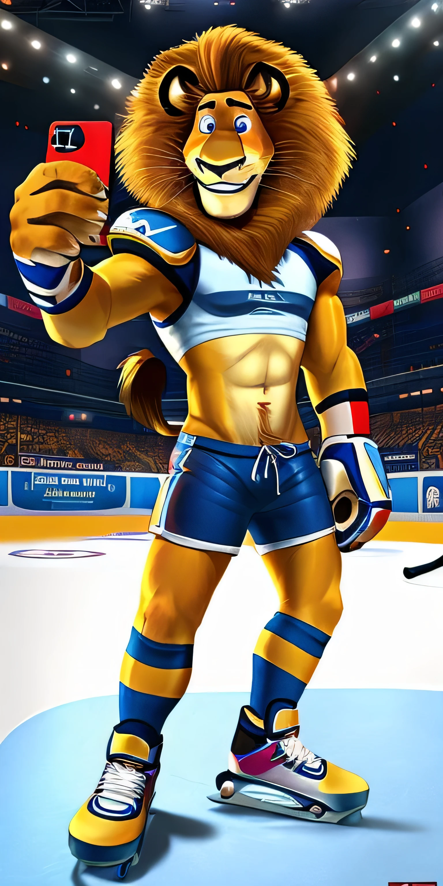 Alex the Lion, muscular body, extremely beautiful and cute face, perfectly detailed blue eyes with perfectly detailed pupils, ?????? gear, ?????? helmet, shoulder pads, elbow pads, shin pads, ?????? gloves, supporter and cup, ?????? shorts, skates, selfie, cute smile, ice rink background