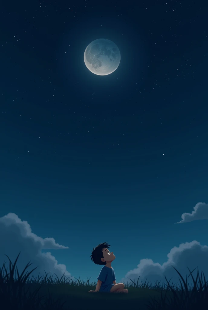 a starry sky and a boy sitting in the dark watching the moon