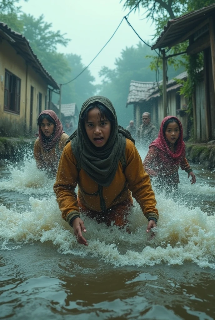 Flood is washing away people in a village