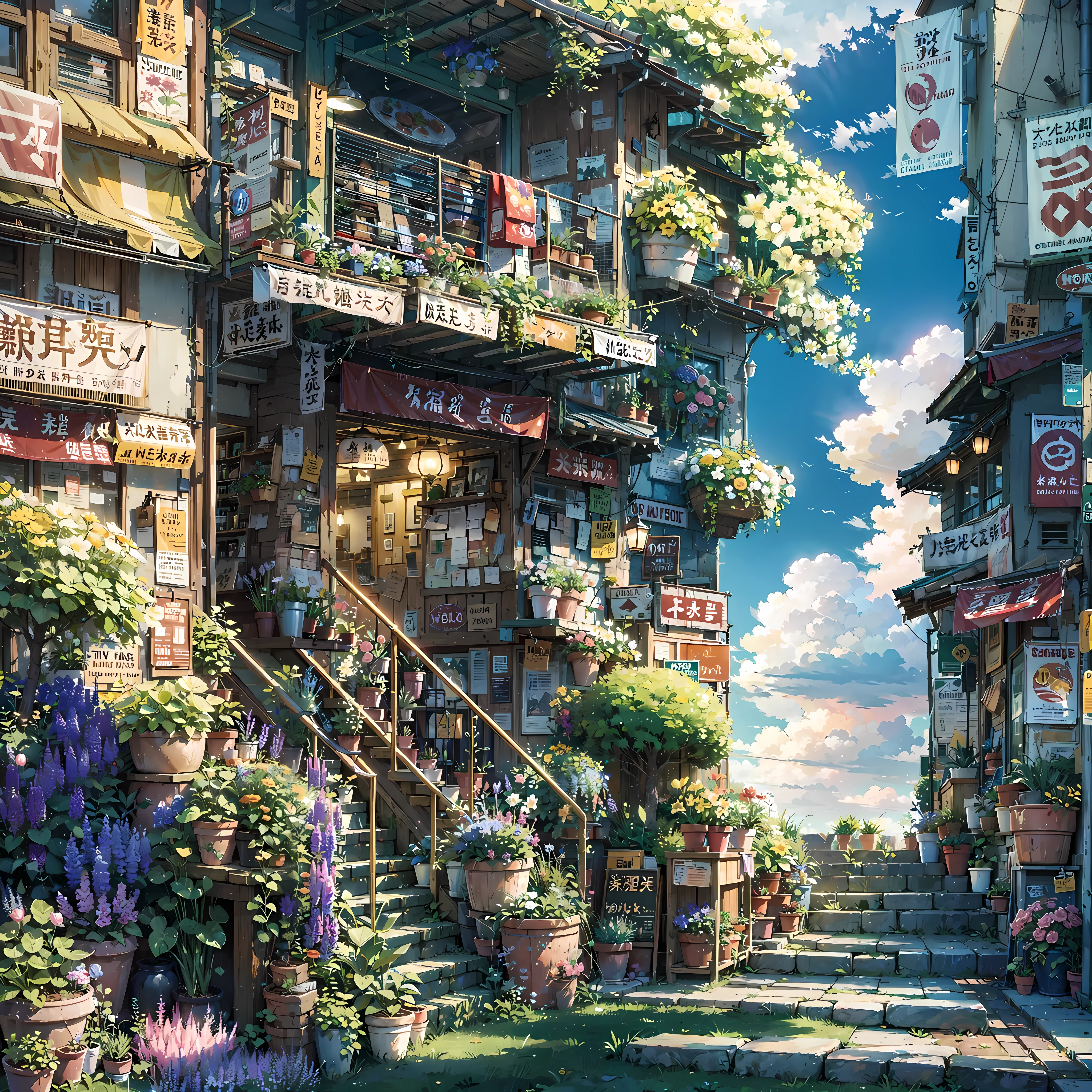 trees, vibrant flowers