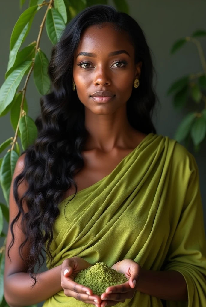 Beautiful woman wearing Tesfalem moringa & using moringa powder 