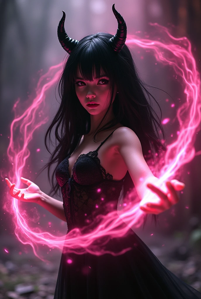 Succubus Child, with black clothes and black hair, using a pink MAGIC