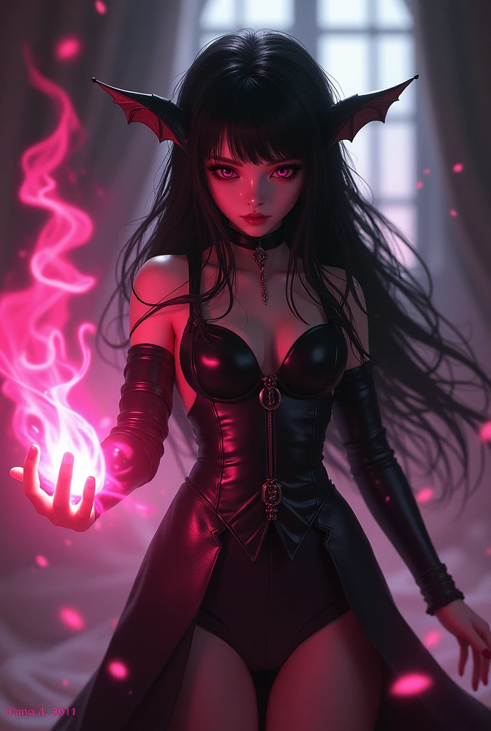 Succubus Child, with black clothes and black hair, using a pink MAGIC