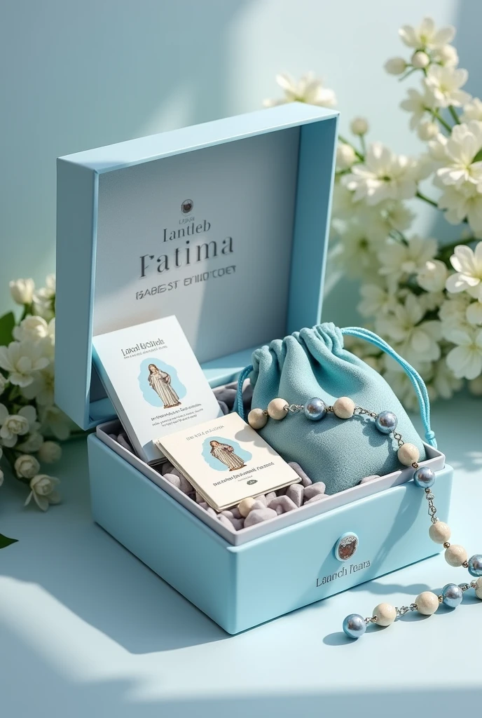 Create an image of my store's launch product. The product is a "box" of third, where the theme is OUR LADY OF FATIMA and we use the colors light blue and white, but without becoming . The design should be elegant and delicate and showcase everything that comes in the beautiful box.: the rosary with blue and white natural stones, a thin pocket book that will be a guide to the rosary, a bookmark of Our Lady of Fatima and the baby blue velvet bag that will be used to store the rosary and preserve it. show all items in the box, so as to arouse the consumer's desire.