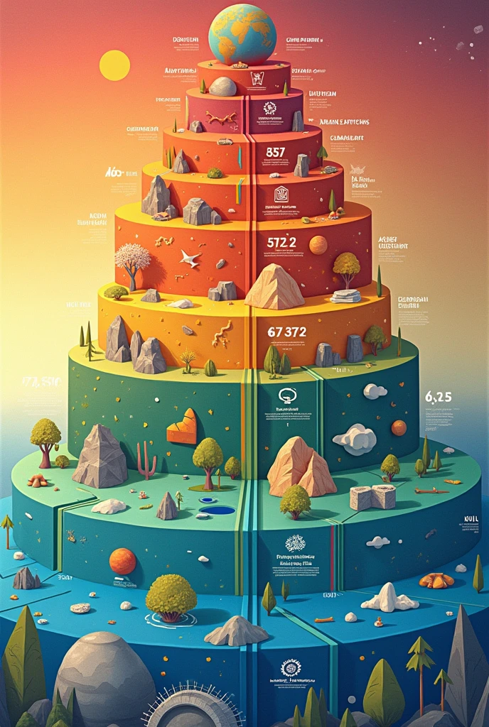 Create a picture of geologic time with eons, eras, periods and epochs. Giving examples in drawing form of each part of the earth&#39;s time, in stacked mode, not forgetting to color and put the millions of years next to it. Make everything colorful and fun, besides being attractive to those who see it.