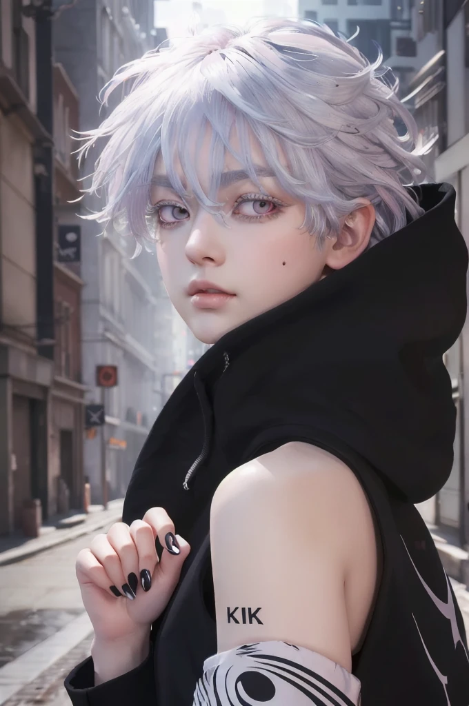 (extremely detailed CG unity 8k wallpaper), (masterpiece), (best quality), (ultra-detailed), (best illustration), (best shadow), (absurdres),  senju, solo, looking at viewer, black nails, 1girl, hood, short hair, upper body, hair between eyes, white hair, hood down, blurry, parted lips, pink eyes, hand up