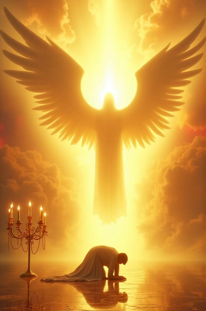 Person prostrates himself in front of imposing angel of light on golden glass floor and yellow and red sky, Near the angel a golden candelabrum with 7 arms to light the flame in each arm