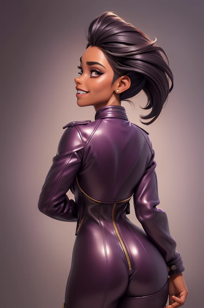 obra prima, melhor qualidade, ((only one woman,)) ((kari lake, dark tan skin, short black straight hair, heavy makeup eye shadow, open mouth smile with teeth,)) (((wearing thigh length dark plum metallic leather jacket,))) (((jacket is zipped up, jacket covers waist and ass,))) ((jacket has stiff high collar,)) ((gold pvc gloves,)) body is very skinny, standing up, (((arched back, shoulders leaning way back, hips twisting, head tilted way back, chin up,))) ((camera back view, extreme closeup view of upper body,)) shallow depth of field, highres, HD, 8k, anatomically correct