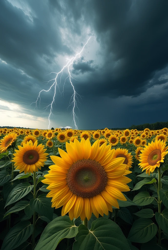 Wallpaper with a field of sunflowers during a thunderstorm