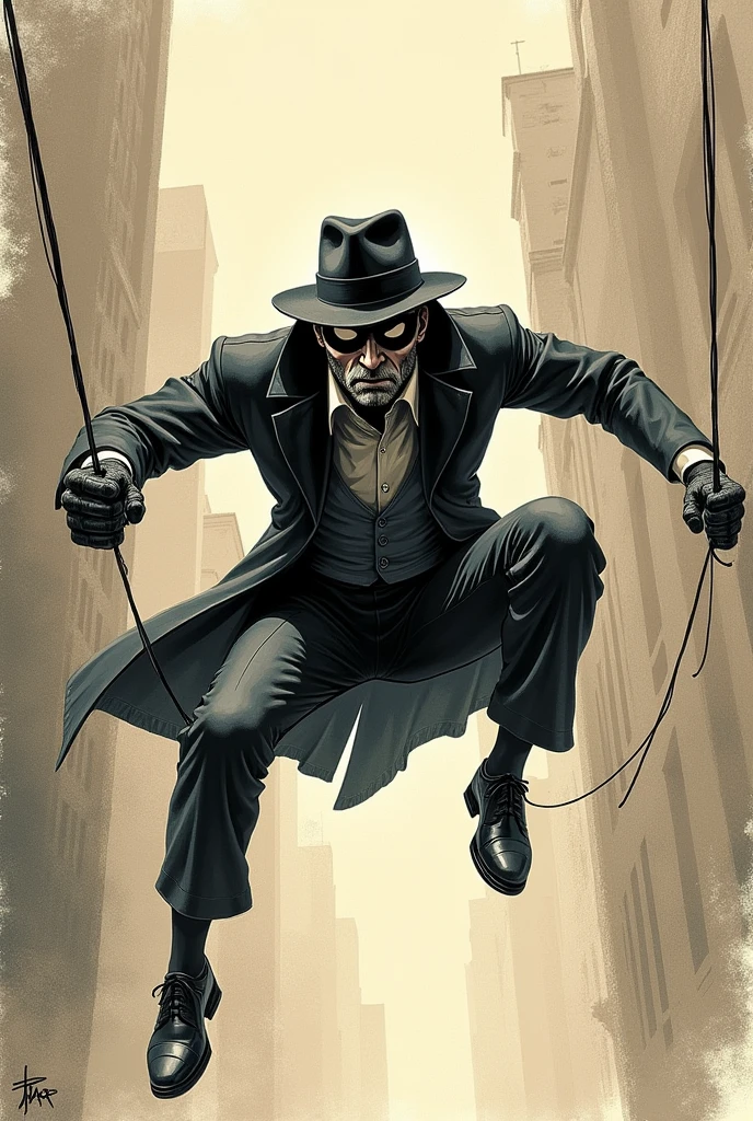 A detective man swinging with a spiderman mask, with a black coat and black hat, vintage detective style, sketchbook draw style in the 50's